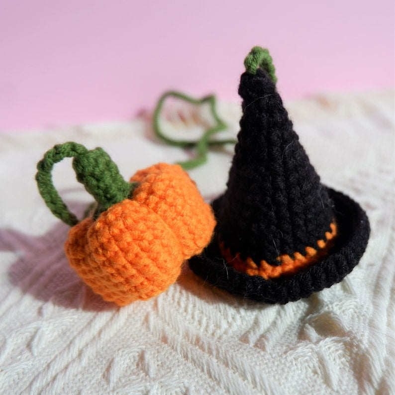 Crochet Pumpkin & Witch Hat Car Mirror Hanging, Witchy Car Rearview Mirror Charm, Halloween Car Interior Accessories