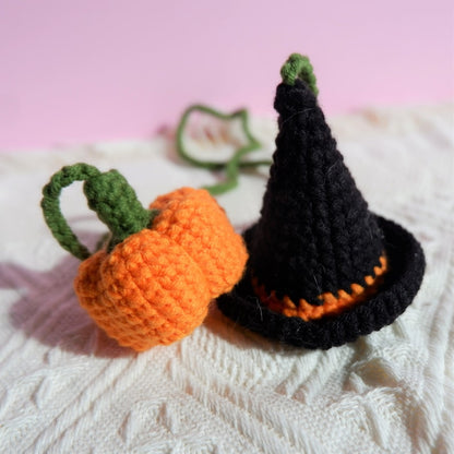 Crochet Pumpkin & Witch Hat Car Mirror Hanging, Witchy Car Rearview Mirror Charm, Halloween Car Interior Accessories