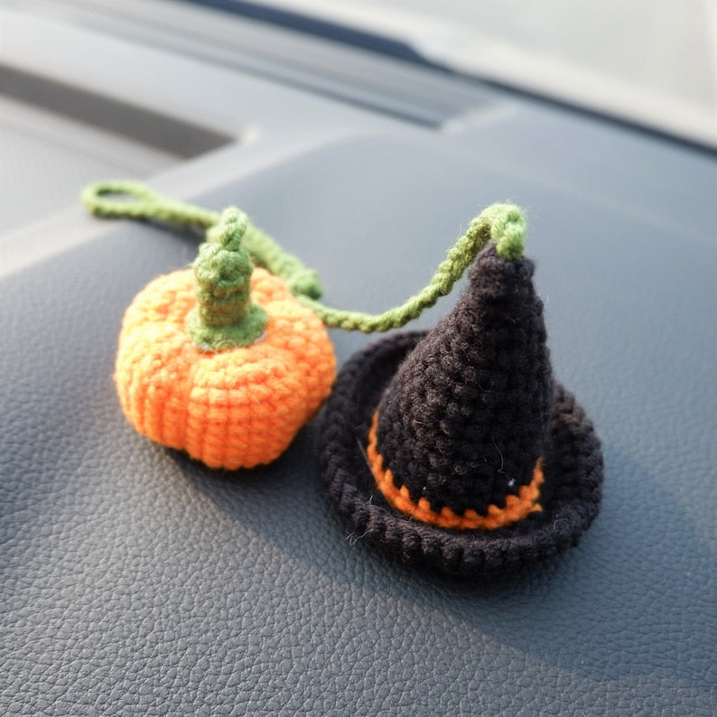 Crochet Pumpkin & Witch Hat Car Mirror Hanging, Witchy Car Rearview Mirror Charm, Halloween Car Interior Accessories