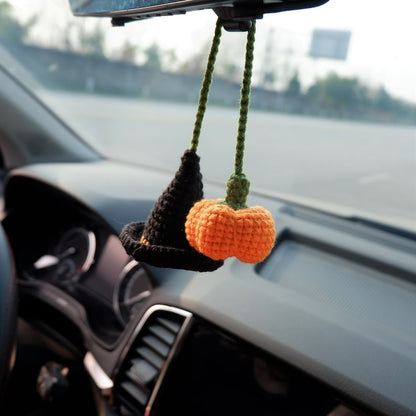 Crochet Pumpkin & Witch Hat Car Mirror Hanging, Witchy Car Rearview Mirror Charm, Halloween Car Interior Accessories