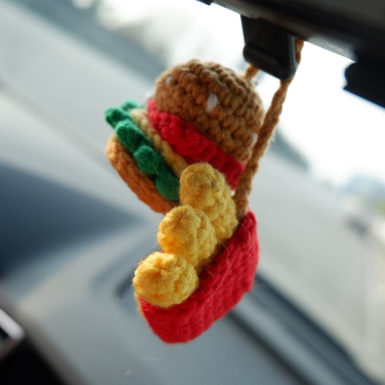 Hamburger & Chips Car Mirror Hanging Accessory, Rear View Mirror Accessory, Rearview Mirror Ornament, Cute Car Accessories for Women/Teens
