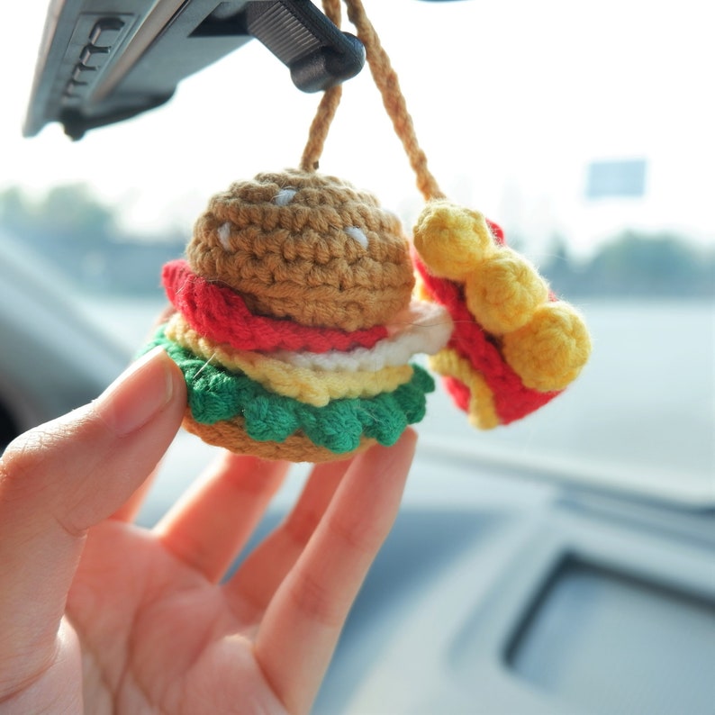 Hamburger & Chips Car Mirror Hanging Accessory, Rear View Mirror Accessory, Rearview Mirror Ornament, Cute Car Accessories for Women/Teens