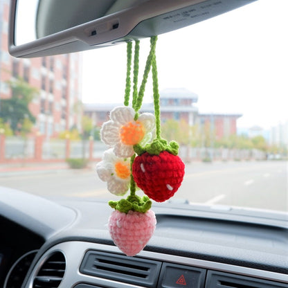 2 Pcs Crochet Strawberry Car Mirror Hanging Accessories: Chenille Rearview Mirror Car Accessories, Car Charm, Car Interior Decor