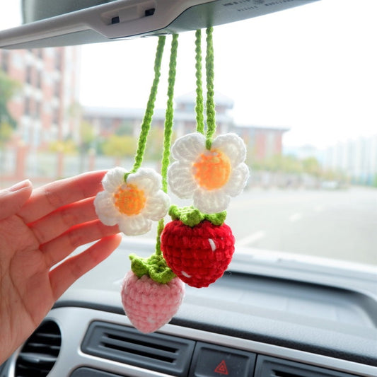 2 Pcs Crochet Strawberry Car Mirror Hanging Accessories: Chenille Rearview Mirror Car Accessories, Car Charm, Car Interior Decor