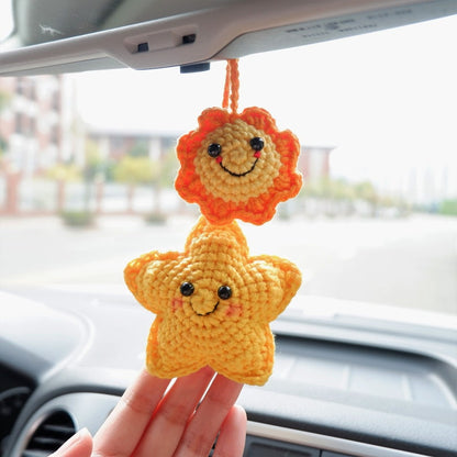 Crochet Smiley Face Sunflower & Star Car Mirror hanging Accessory, Cute Rear View Mirror Car Charms, Anime Interior Car Accessory for Women