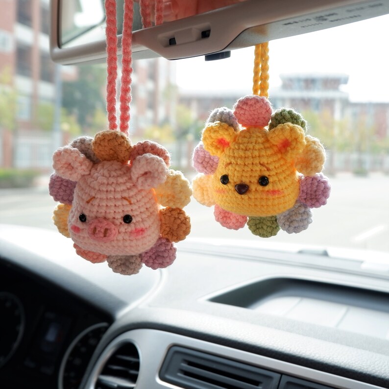 Crochet Bear Car Mirror Hanging Accessory, Rainbow Sunflower Bear/Piggy/Bunny Car Rear View Mirror Accessory, Cute Car Interior Accessory