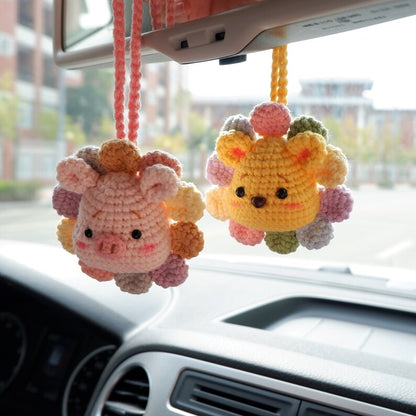 Crochet Bear Car Mirror Hanging Accessory, Rainbow Sunflower Bear/Piggy/Bunny Car Rear View Mirror Accessory, Cute Car Interior Accessory