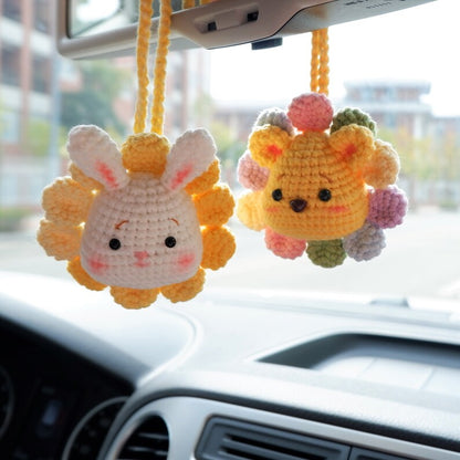 Crochet Bear Car Mirror Hanging Accessory, Rainbow Sunflower Bear/Piggy/Bunny Car Rear View Mirror Accessory, Cute Car Interior Accessory