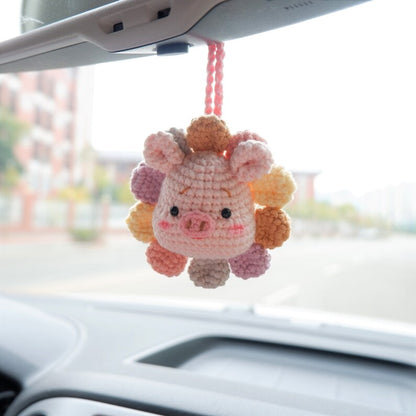 Crochet Bear Car Mirror Hanging Accessory, Rainbow Sunflower Bear/Piggy/Bunny Car Rear View Mirror Accessory, Cute Car Interior Accessory
