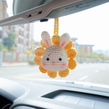 Crochet Bear Car Mirror Hanging Accessory, Rainbow Sunflower Bear/Piggy/Bunny Car Rear View Mirror Accessory, Cute Car Interior Accessory