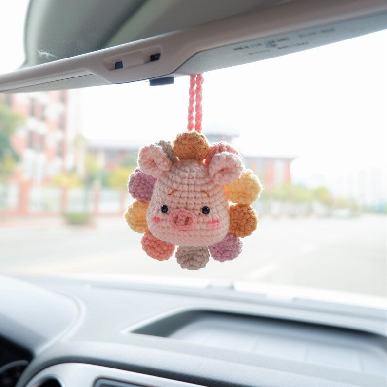 Crochet Bear Car Mirror Hanging Accessory, Rainbow Sunflower Bear/Piggy/Bunny Car Rear View Mirror Accessory, Cute Car Interior Accessory