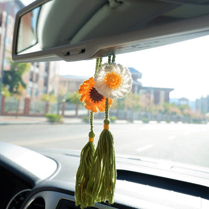 2Pcs Crochet Sunflower Daisy Car Charm: Boho Rear View Mirror Accessory