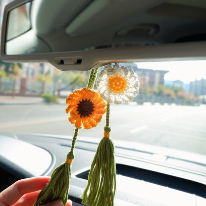2Pcs Crochet Sunflower Daisy Car Charm: Boho Rear View Mirror Accessory