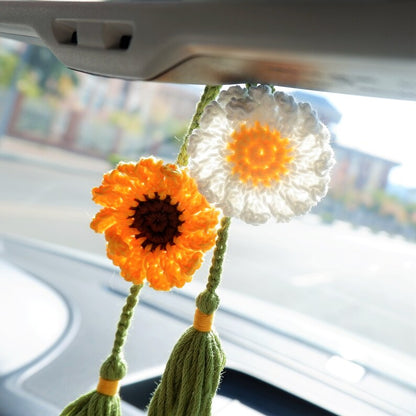 2Pcs Crochet Sunflower Daisy Car Charm: Boho Rear View Mirror Accessory