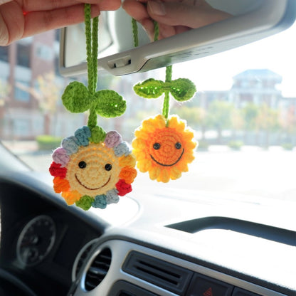 Smiley Crochet Sunflower Rear View Mirror Charm, Car Mirror Hanging Ornament, Cute Boho Car Decor, Women/Teen Driver Gift