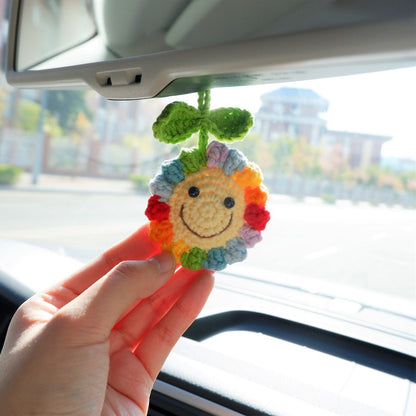 Smiley Crochet Sunflower Rear View Mirror Charm, Car Mirror Hanging Ornament, Cute Boho Car Decor, Women/Teen Driver Gift