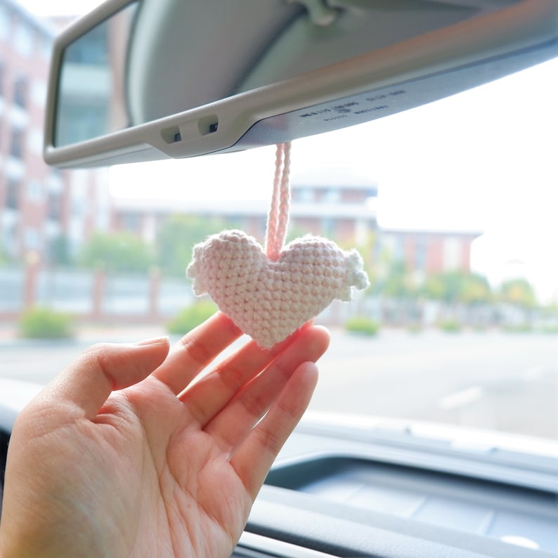 Set of 2 Crochet Heart Wing Car Mirror Charms, Pink and Purple Rear View Hanging Decor