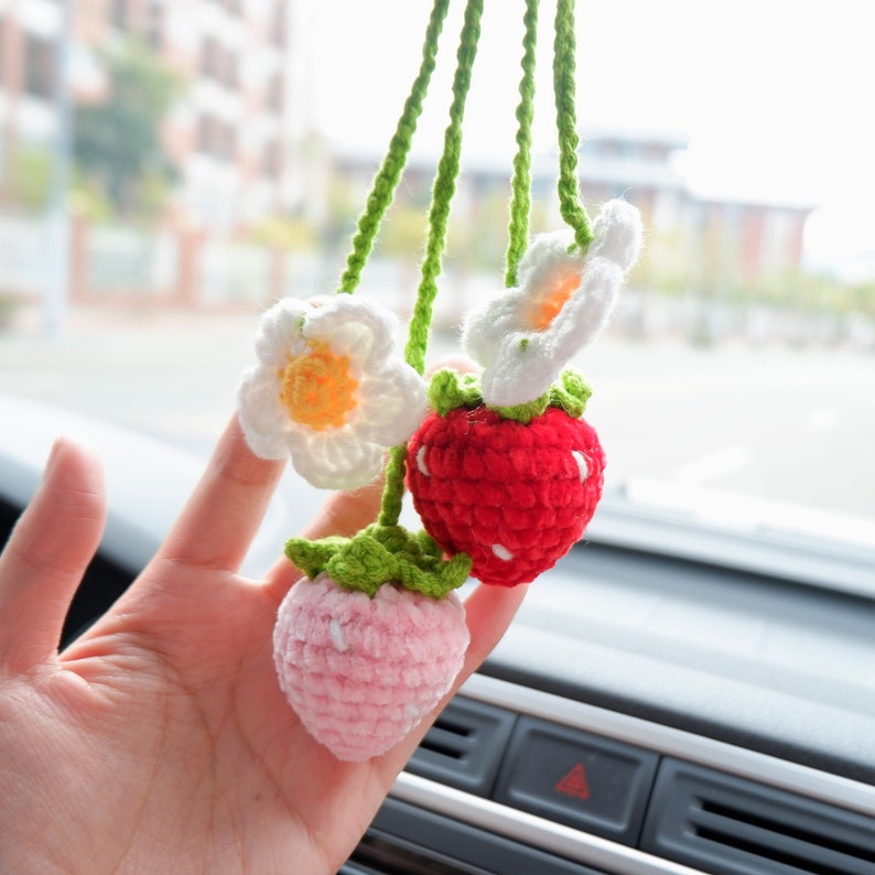 2 Pcs Crochet Strawberry Car Mirror Hanging Accessories: Chenille Rearview Mirror Car Accessories, Car Charm, Car Interior Decor