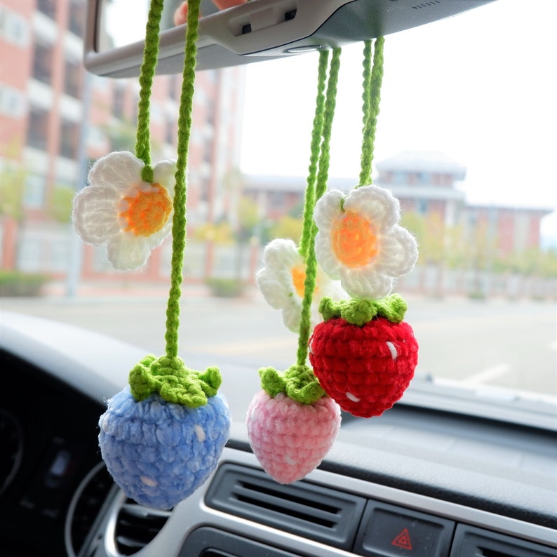 2 Pcs Crochet Strawberry Car Mirror Hanging Accessories: Chenille Rearview Mirror Car Accessories, Car Charm, Car Interior Decor