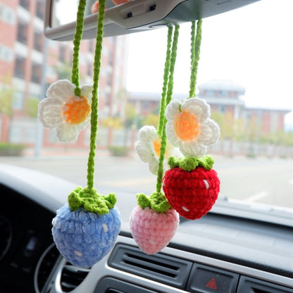2 Pcs Crochet Strawberry Car Mirror Hanging Accessories: Chenille Rearview Mirror Car Accessories, Car Charm, Car Interior Decor