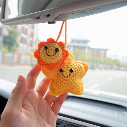 Crochet Smiley Face Sunflower & Star Car Mirror hanging Accessory, Cute Rear View Mirror Car Charms, Anime Interior Car Accessory for Women