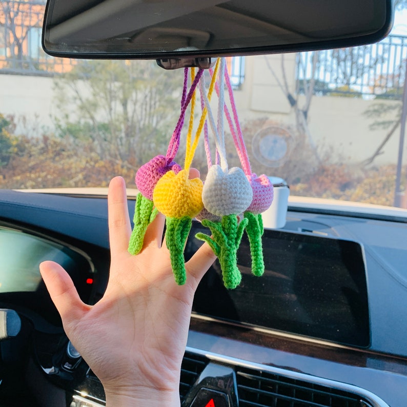Cute Tulip Car Mirror Hanging Flower Decor Teens Interior Rear View Mirror Accessories for Women Charm Fruit
