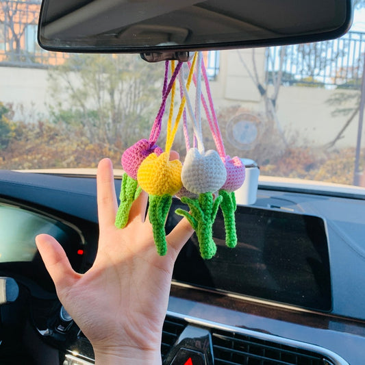 Cute Tulip Car Mirror Hanging Flower Decor Teens Interior Rear View Mirror Accessories for Women Charm Fruit