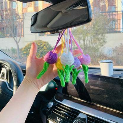 Cute Tulip Car Mirror Hanging Flower Decor Teens Interior Rear View Mirror Accessories for Women Charm Fruit