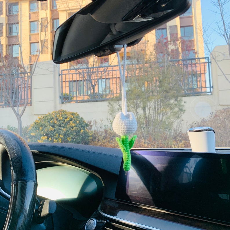 Cute Tulip Car Mirror Hanging Flower Decor Teens Interior Rear View Mirror Accessories for Women Charm Fruit