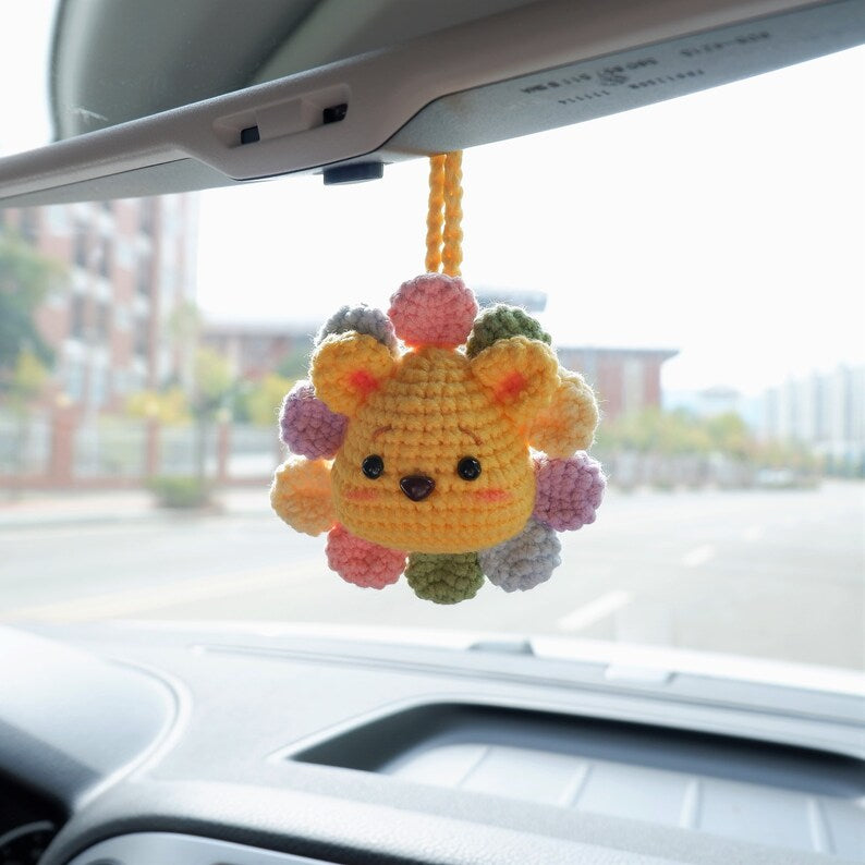 Crochet Bear Car Mirror Hanging Accessory, Rainbow Sunflower Bear/Piggy/Bunny Car Rear View Mirror Accessory, Cute Car Interior Accessory
