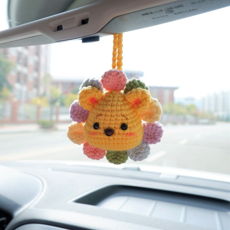 Crochet Bear Car Mirror Hanging Accessory, Rainbow Sunflower Bear/Piggy/Bunny Car Rear View Mirror Accessory, Cute Car Interior Accessory