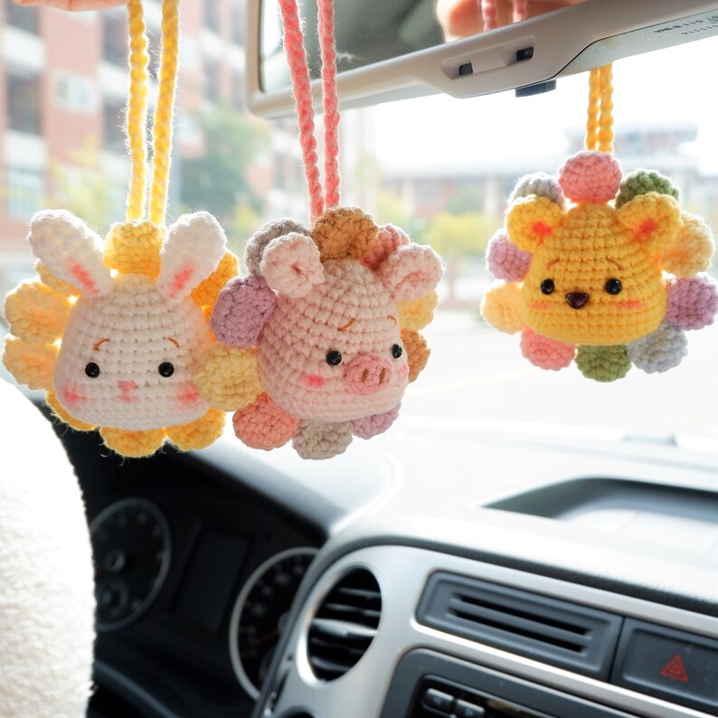 Crochet Bear Car Mirror Hanging Accessory, Rainbow Sunflower Bear/Piggy/Bunny Car Rear View Mirror Accessory, Cute Car Interior Accessory