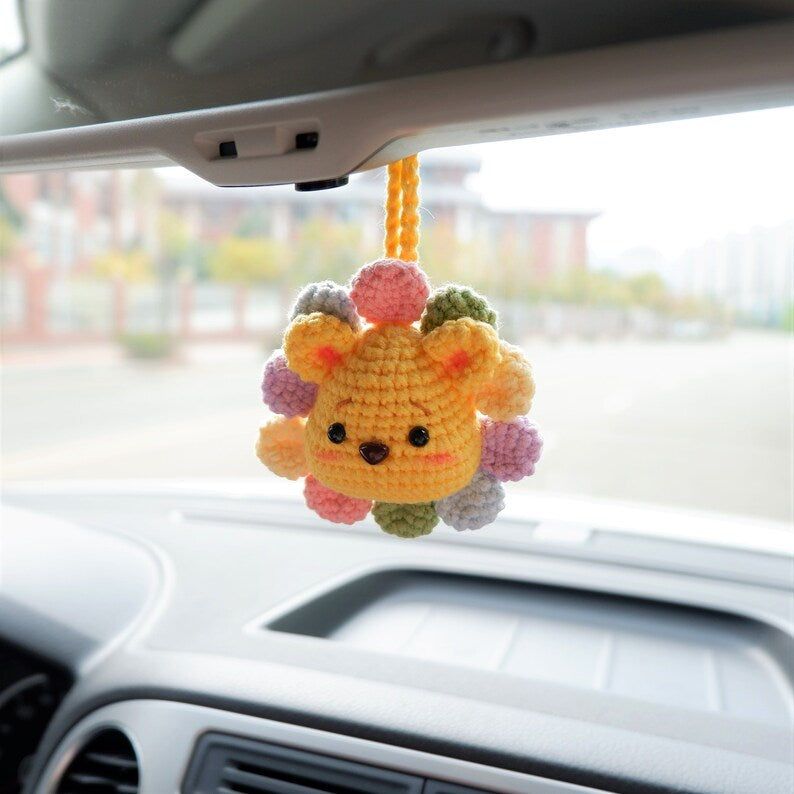 Crochet Bear Car Mirror Hanging Accessory, Rainbow Sunflower Bear/Piggy/Bunny Car Rear View Mirror Accessory, Cute Car Interior Accessory