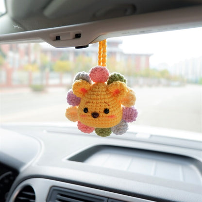 Crochet Bear Car Mirror Hanging Accessory, Rainbow Sunflower Bear/Piggy/Bunny Car Rear View Mirror Accessory, Cute Car Interior Accessory