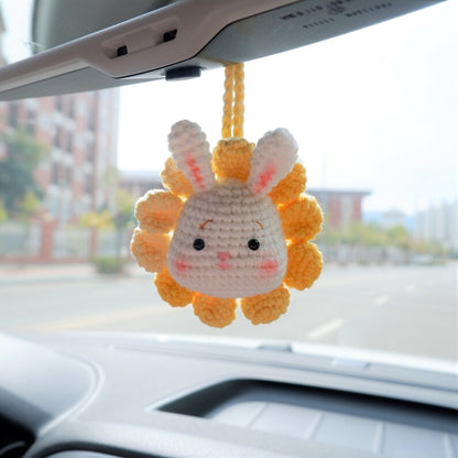Crochet Bear Car Mirror Hanging Accessory, Rainbow Sunflower Bear/Piggy/Bunny Car Rear View Mirror Accessory, Cute Car Interior Accessory