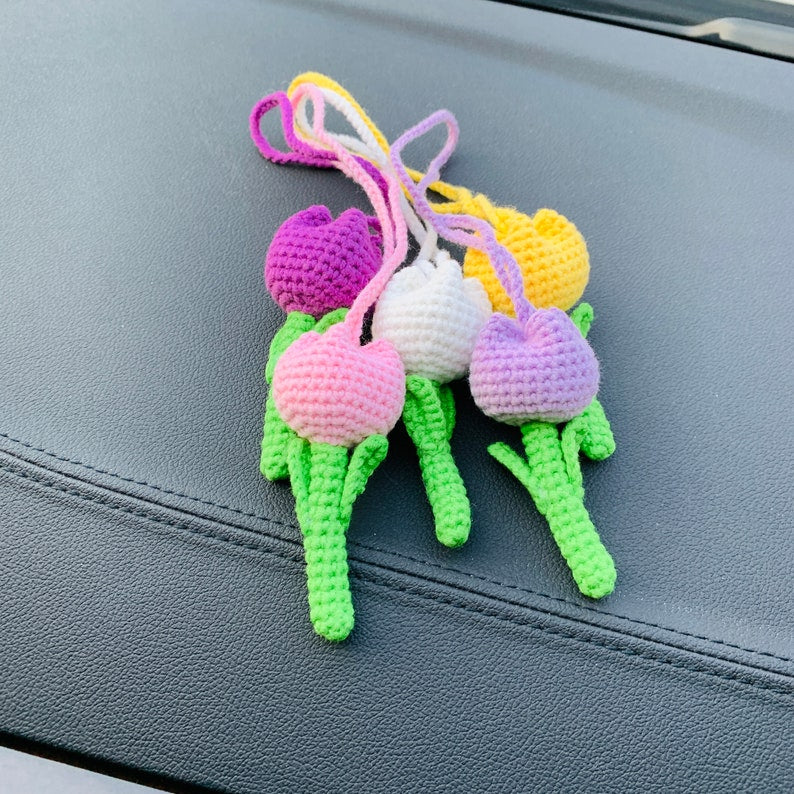 Cute Tulip Car Mirror Hanging Flower Decor Teens Interior Rear View Mirror Accessories for Women Charm Fruit
