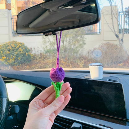 Cute Tulip Car Mirror Hanging Flower Decor Teens Interior Rear View Mirror Accessories for Women Charm Fruit