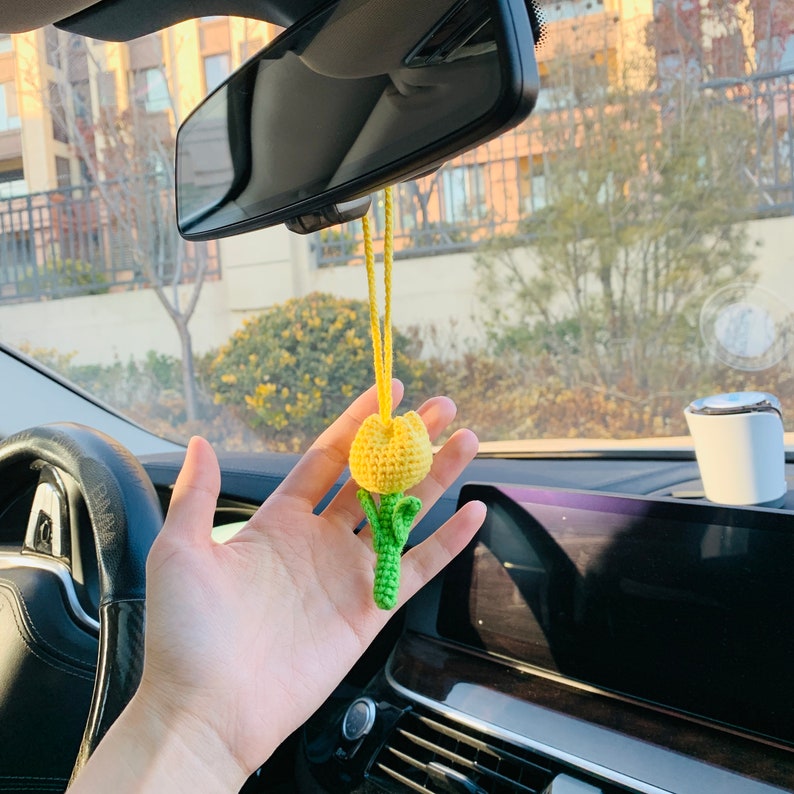 Cute Tulip Car Mirror Hanging Flower Decor Teens Interior Rear View Mirror Accessories for Women Charm Fruit
