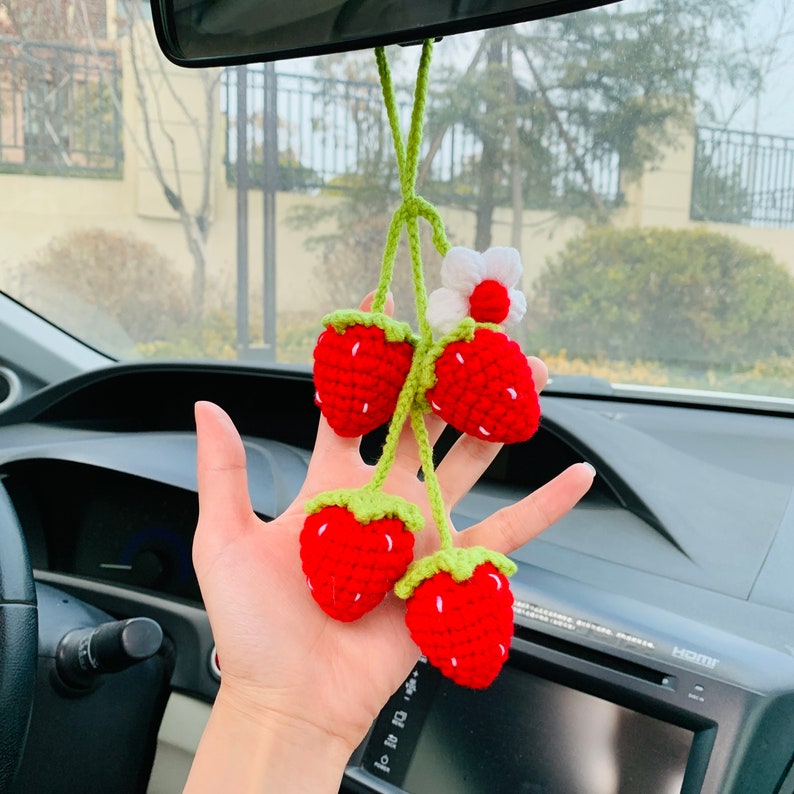 Cute Strawberry Flower Car Accessories Mirror Hanging Charm Decor Fruit Teens Interior Rear View Mirror for Women