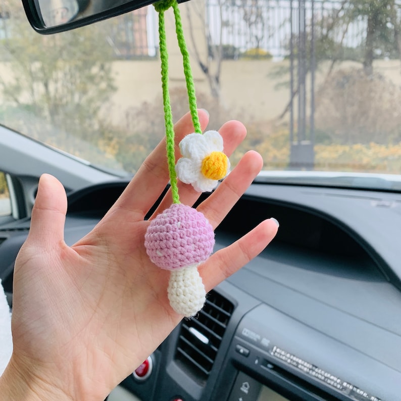 cute Mushroom Flower Car Accessories Mirror Hanging Charm Fruit Decor Teens Interior Rear View Mirror for Women