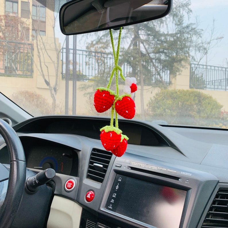Cute Strawberry Flower Car Accessories Mirror Hanging Charm Decor Fruit Teens Interior Rear View Mirror for Women