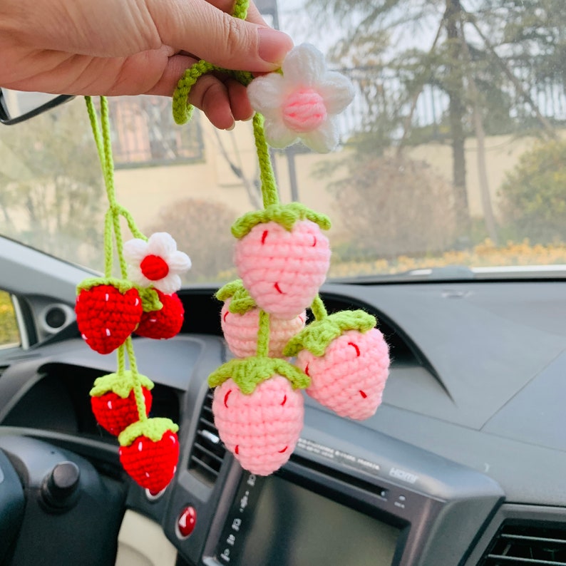 Cute Strawberry Flower Car Accessories Mirror Hanging Charm Decor Fruit Teens Interior Rear View Mirror for Women