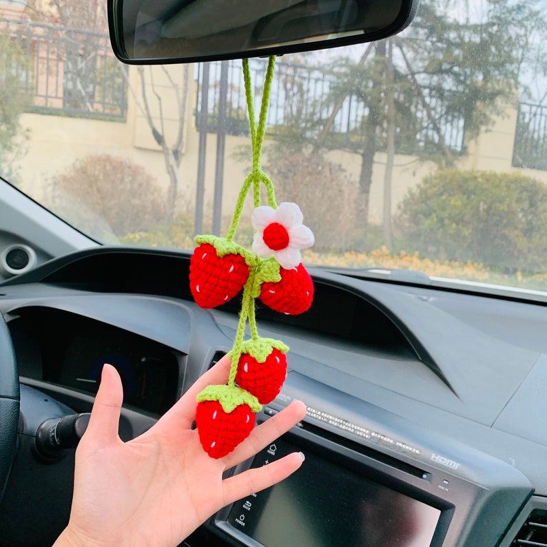 Cute Strawberry Flower Car Accessories Mirror Hanging Charm Decor Fruit Teens Interior Rear View Mirror for Women