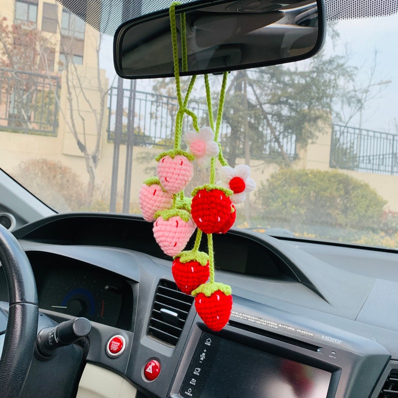 Cute Strawberry Flower Car Accessories Mirror Hanging Charm Decor Fruit Teens Interior Rear View Mirror for Women