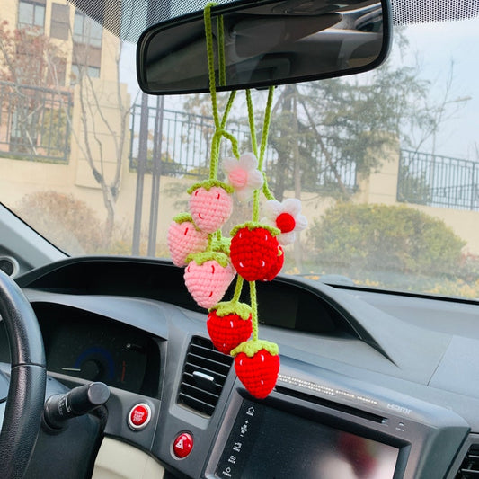 Cute Strawberry Flower Car Accessories Mirror Hanging Charm Decor Fruit Teens Interior Rear View Mirror for Women