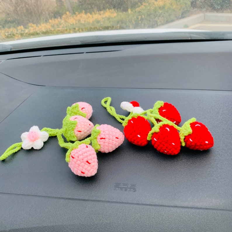 Cute Strawberry Flower Car Accessories Mirror Hanging Charm Decor Fruit Teens Interior Rear View Mirror for Women