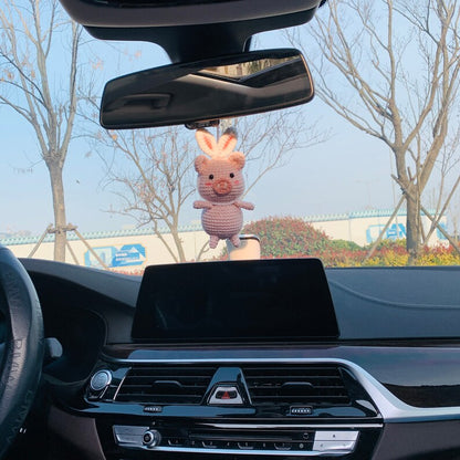 Cute Car Accessories Mirror Hanging rabbit piggy Charm Fruit Decor flower car Teens Interior Rear View Mirror for Women pig animal