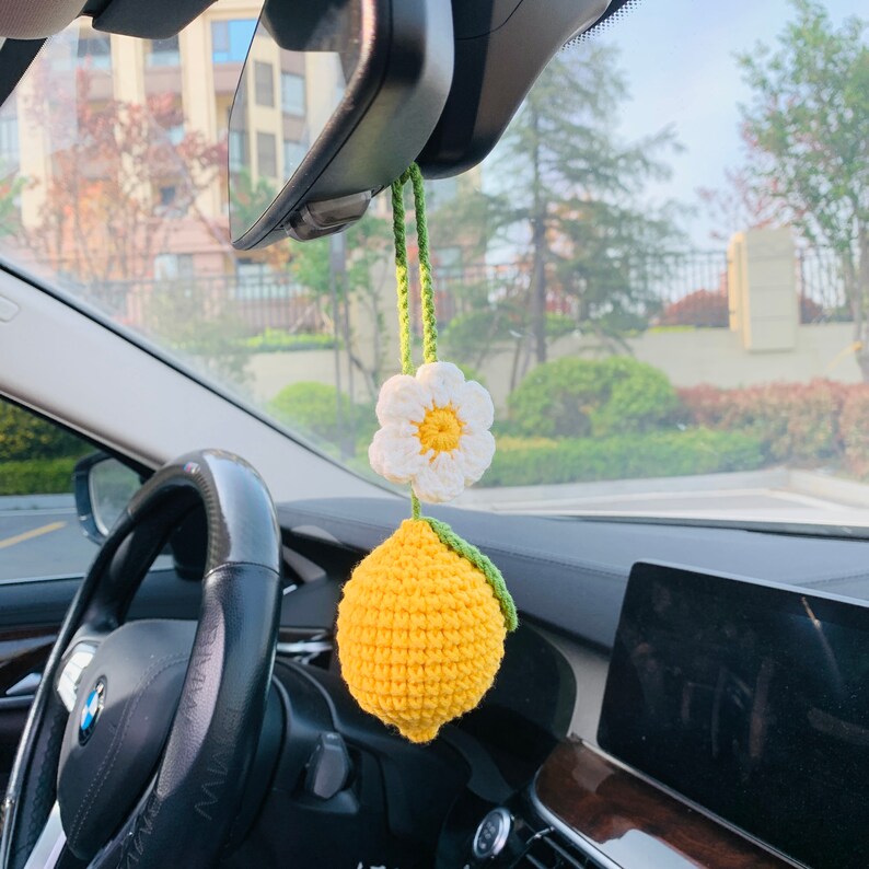 Cute Car Mirror Hanging lemon flower Interior Rear View Mirror Flower Car Accessories Crochet Toy for Women