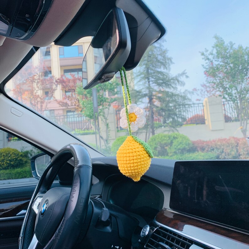 Cute Car Mirror Hanging lemon flower Interior Rear View Mirror Flower Car Accessories Crochet Toy for Women