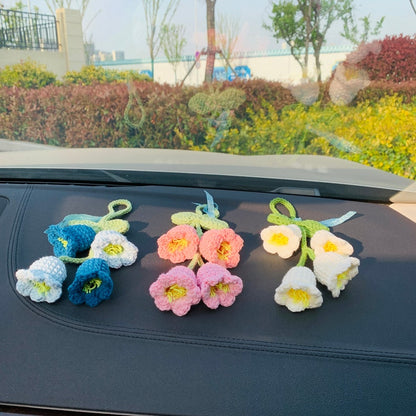 Cute Car Mirror Hanging Lily of the valley flower Interior Rear View Mirror Flower Car Accessories Crochet Toy for Women
